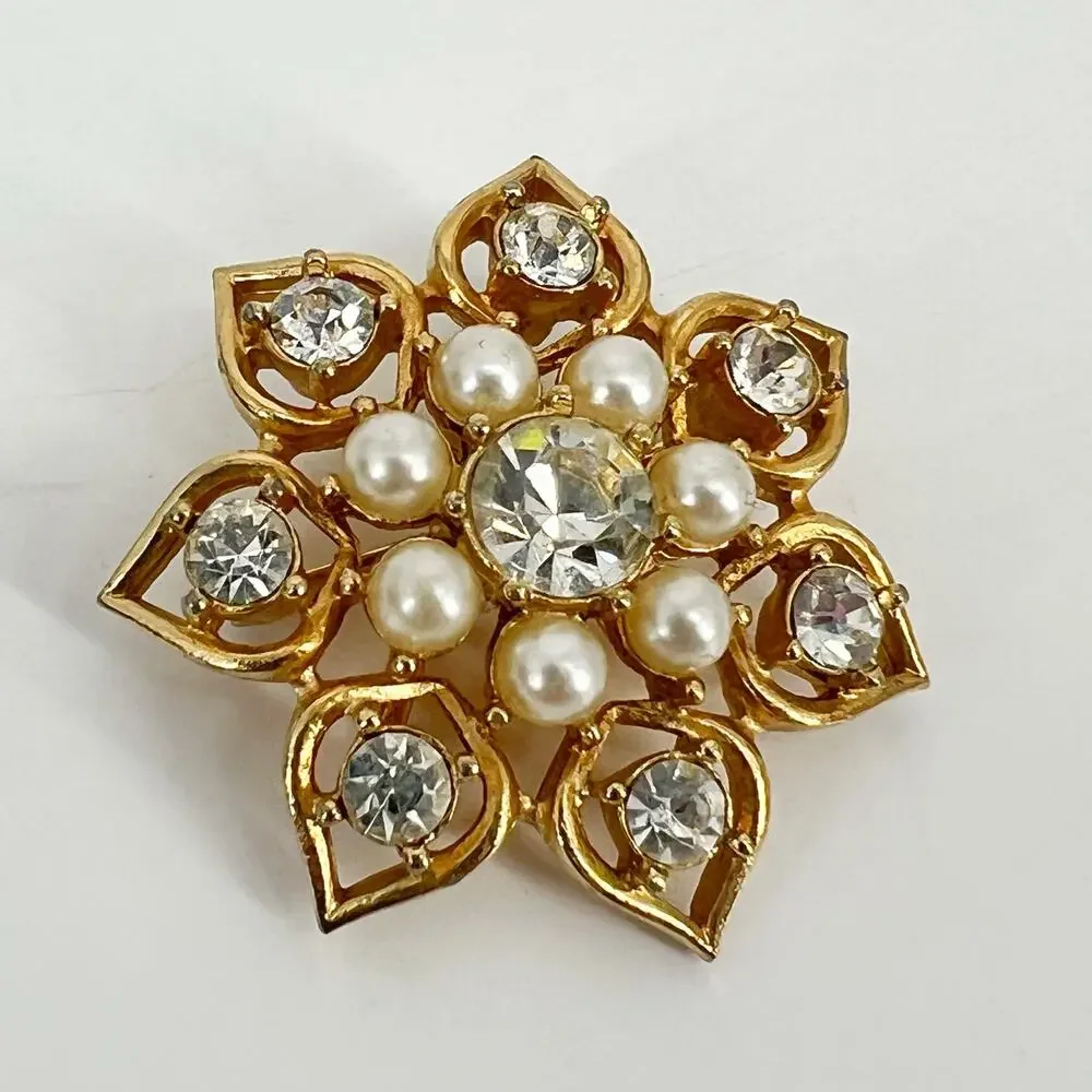 Vintage Sarah Coventry Brooch STARLIT Rhinestone Faux Pearl Gold Tone Costume